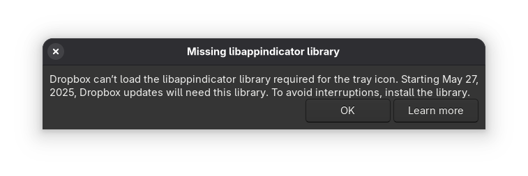 Dropbox libappindicator warning on GNOME