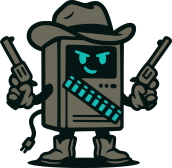 the VPS Showdown logo, a computer dressed as western outlaw