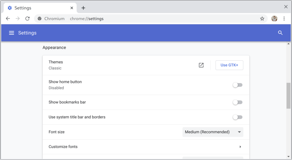 Chromium Settings Appearance - Classic Theme