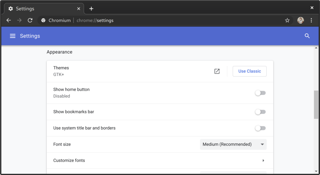 Chromium Settings Appearance - GTK+ Theme