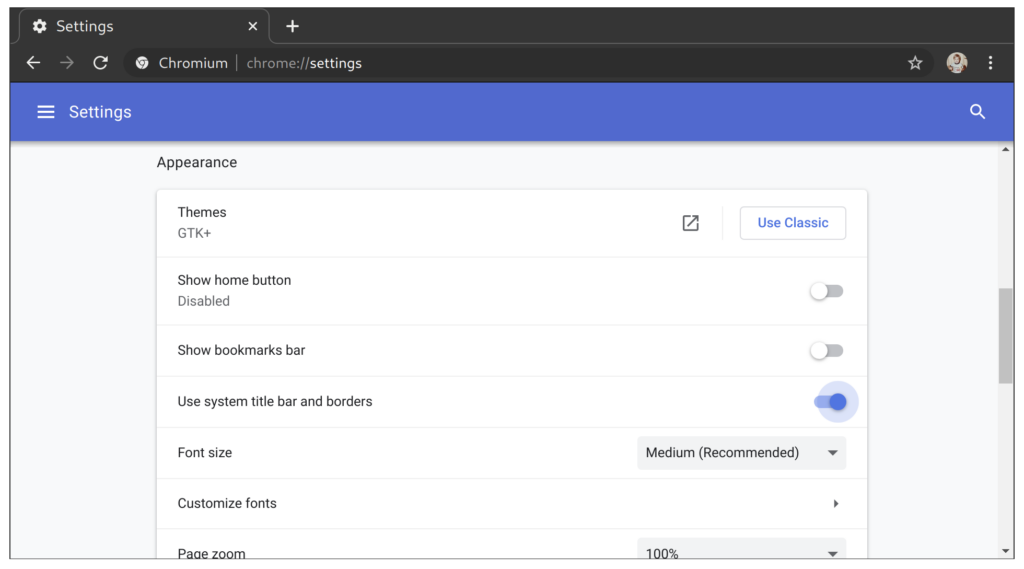 Chromium Settings Appearance - GTK+ Theme and System Titles