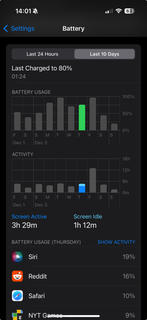 Screen show of Siri battery drain on iOS