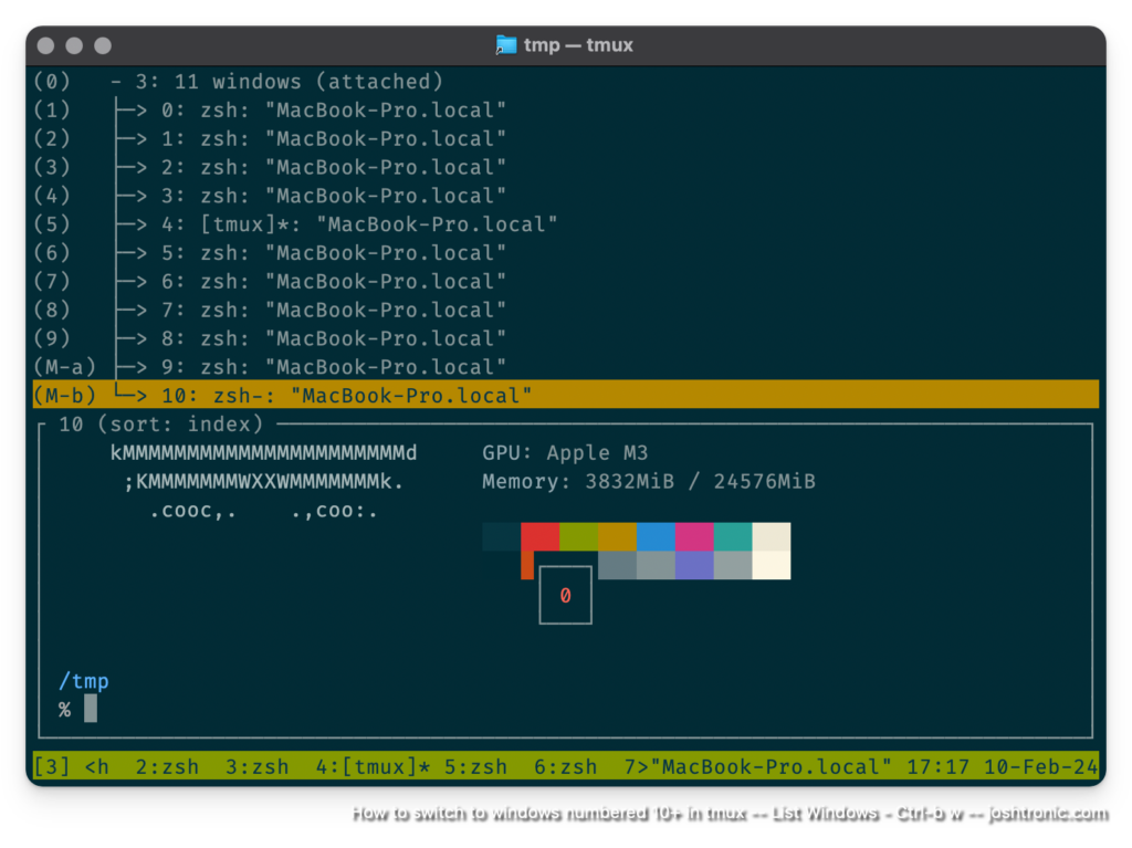 How to switch to windows numbered 10+ in tmux